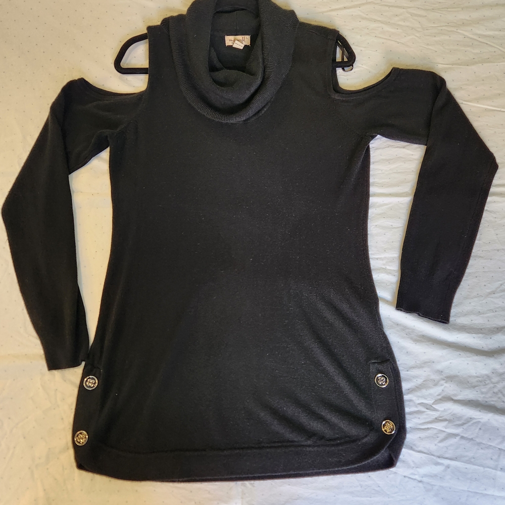 ONE WORLD Black Cold Shoulder Cowl Neck Sweater SKU F06